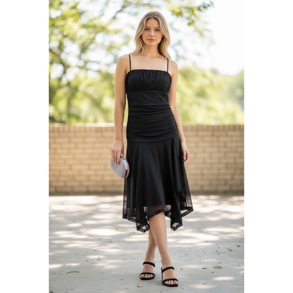 Blk Ruched Handkerchief Hem Midi Dress Spaghetti Strap Cocktail Party Y2K Hoco M